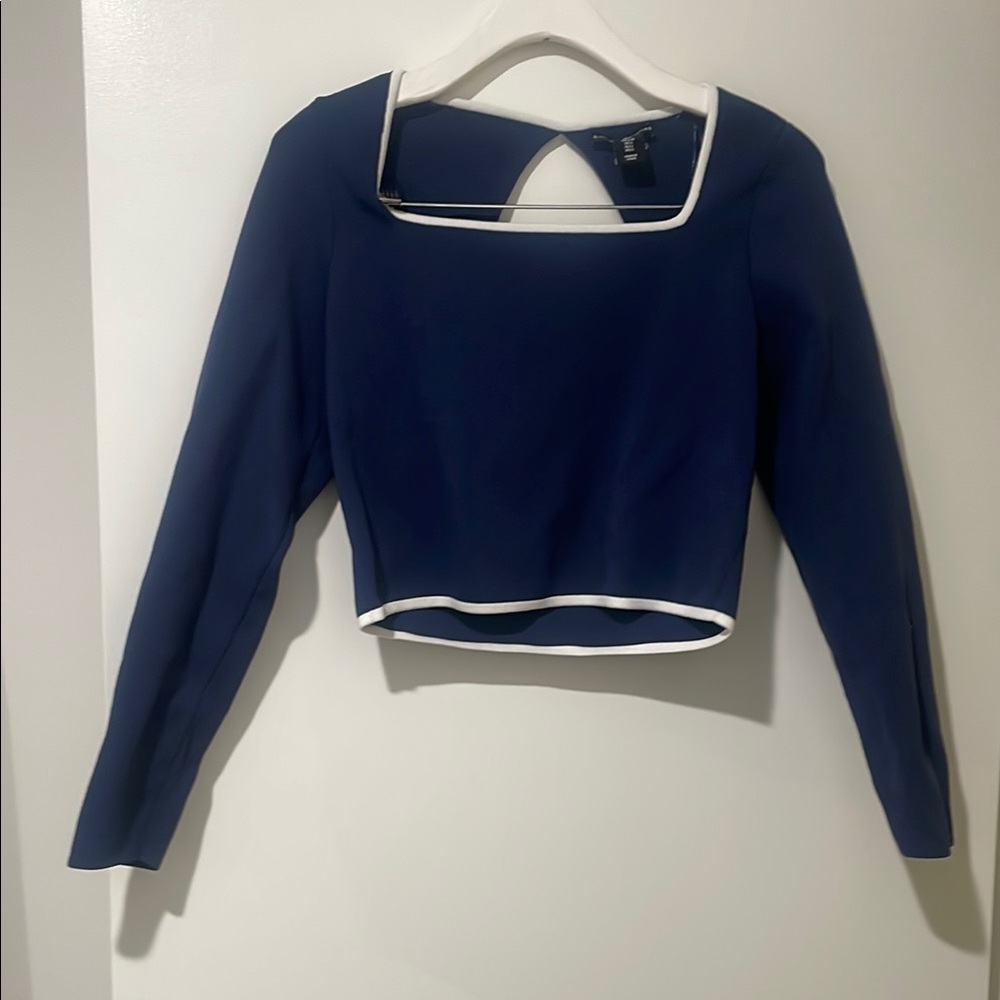 Sincerely Jules Blue and White Crop Blouse with Cut Out